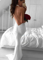 Irene | Dazzling Allure Mermaid Halter Neck Backless White Wedding Dress - White - PromDressClub